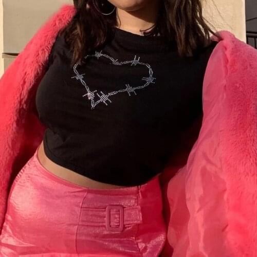 Y2K Aesthetics Rhinestone Red Crop Tops 2000s Streetwear Heart Print O-neck Short Sleeve Vintage T-shirts cotton clothes tshirt