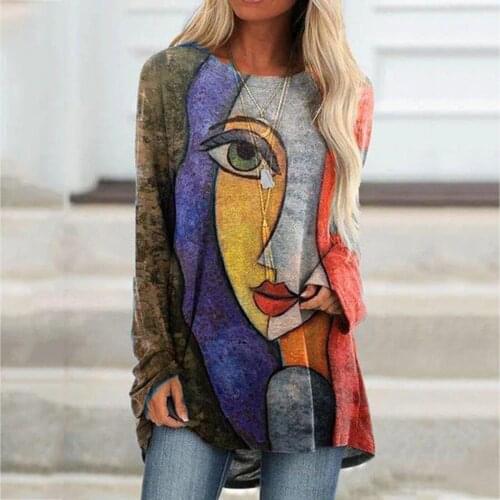 2021 Autumn abstract Vintage Cartoon Print Long Sleeve T-Shirt Fashion Irregular Tee Shirt Casual Oversized Women O Neck Tops