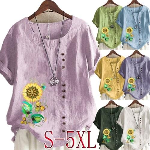 Summer New Womens Fashion Sunflower Print Round Neck Short-sleeved T-shirt Casual Loose Solid Color Shirt Plus Size Top