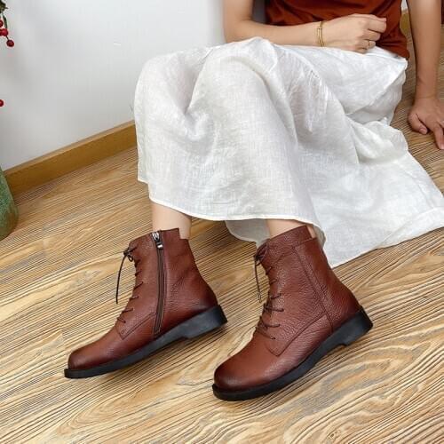 YourSeason Zip Ladies Plush Boots 2021 Winter Genuine Leather Round Toe Handmade Female Ankle Platform Lace Up Shoes