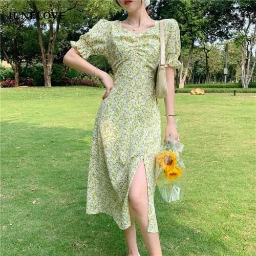 Summer Party Sweet Floral Dress Women Designer V-neck Sexy Midi Split Dress High Waist Chiffon Holiday Boho Vintage Dress 2021
