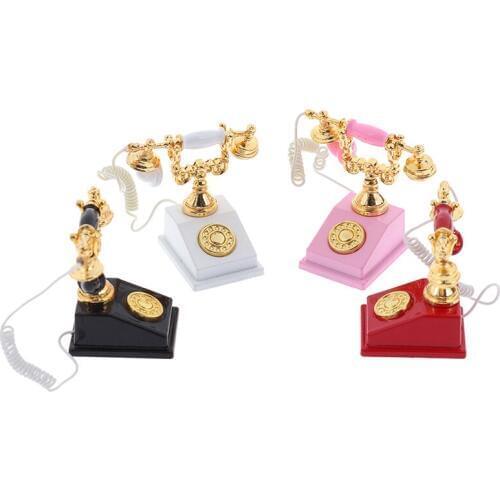 1:12 Miniature Phone Model Alloy Vintage Retro Rotary Telephone Dollhouse Decoration Accessories