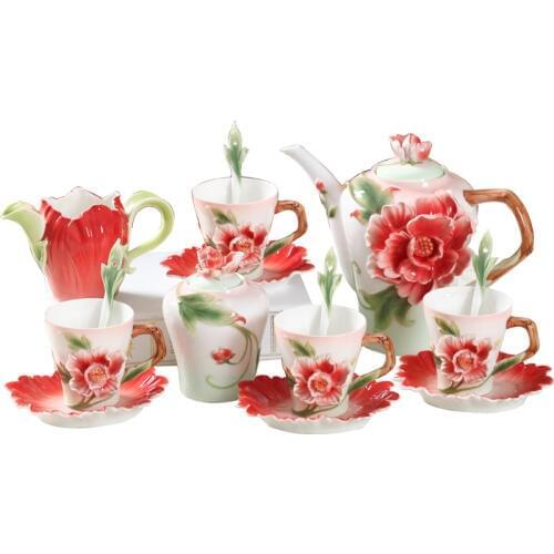 [1Teapot + 1SugarBowl +1Jug + 4Cups + 4Saucer + 4Spoon] 15Pcs Coffee Mug Set Lotus Flower Teapot Cups Set Coffee Pot Cups Gifts