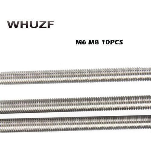 10Pcs M6/8mm x 25mm-100mm 304 Stainless Steel Fully Threaded Rod Bar Studs Silver Tone Bolts Fasteners Hardware Home Improvement