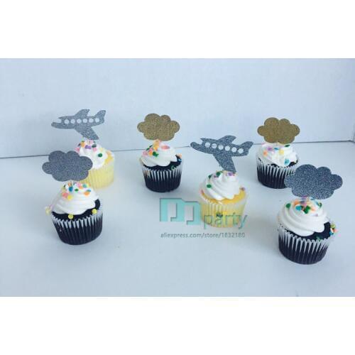 12cps gold Airplanes and clouds cupcake toppers First birthday. Going away party. Baby shower props. Time flys theme party