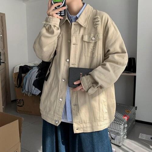 2021 Mens Solid Color Holed Casual Denim Jacket Lapel Collar High-quality Coats Fashion Trend Male Outerwear Plus Size M-2XL