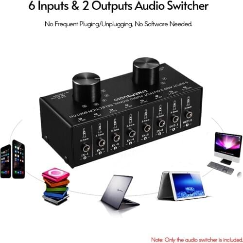 6-In-2-Out Audio Switcher Two-Way Audio Signal Selector Box Splitter Distributor with 3.5mm Audio Input & Output Jacks
