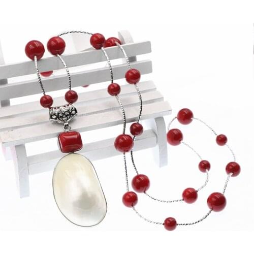 Bohemia Handmade Long Chain Pendant Necklace for Women Natural Mother Shell Pearl Necklace Artificial Coral Beads Chains B114