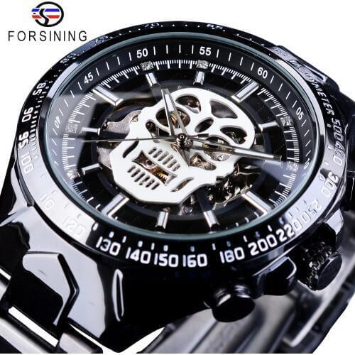 Forsining 2018 Steampunk Series Black Stainless Steel Fashion White Luminous Skull Design Mens Automatic Watches Sport Clock