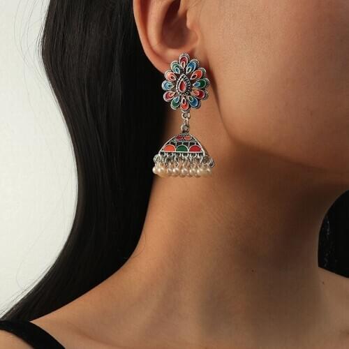 Ethnic Silver Color Geometric Dripping Oil Hanging India Style Earrings Fashion Bohemia Tassel Bells Party Earrings