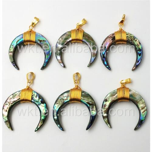 WT-P939 Hot sales Natural Abalone Crescent horn pendant handmake wire wrapped genuine Abalone shell horn pendant