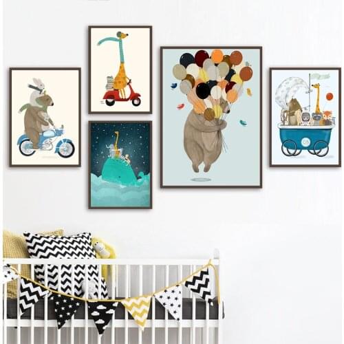 Cartoon Sea Animals Club Posters And Prints Bear Fox Giraffe Raccoon Canvas Painting Nordic Wall Art Pictures Kids Bedoom Decor
