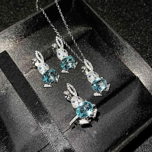 New Silver Little Cute Rabbit Jewelry Set Pave CZ Sky Blue Topaz Rabbit Pendant Necklace Bunny Stud Earrings Ring for Women