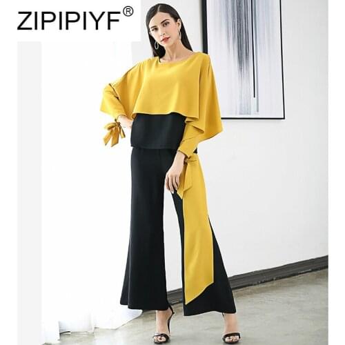 2020 Early Spring Two-piece Suit Sets Temperament Lady Cloak Sleeves Deign Tops + Fashion Women Wide-leg Pants C166