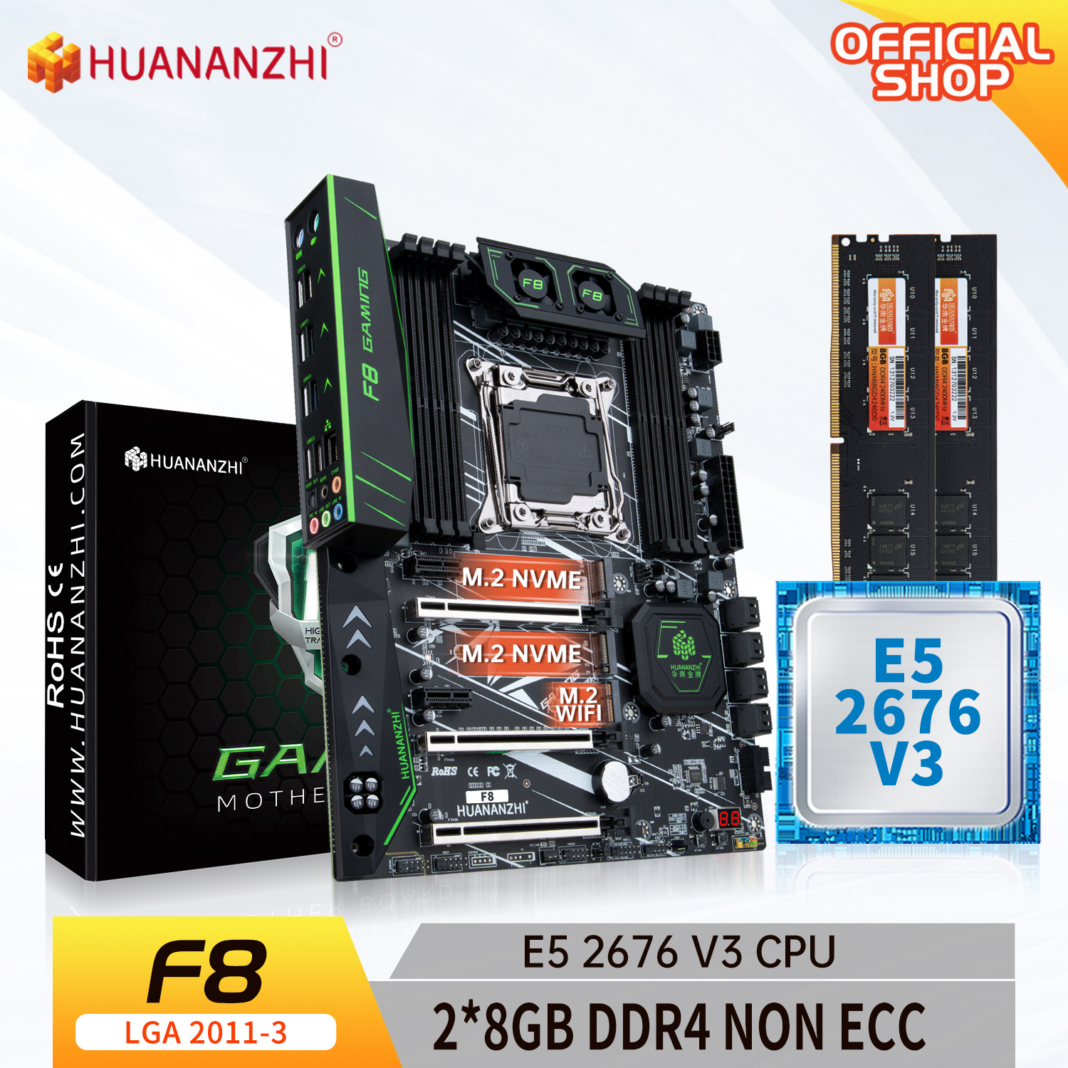 HUANANZHI X99 F8 X99 Motherboard with Intel XEON E5 2678 v3 with 2*8G DDR4 NON-ECC memory combo kit set NVME SATA USB 3.0 ATX