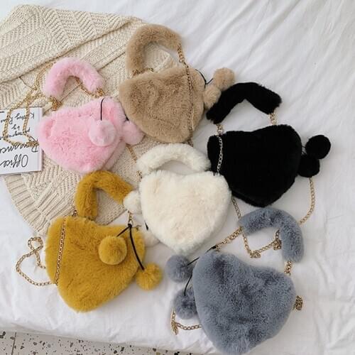Fashion Women Handbags New Cute Fluffy Fur Crossbody Bags Female Heart Shaped Ladies Phone Shoulder Bag Purse Handbag