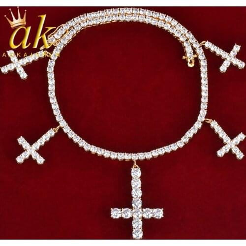Zircon Cross Pendant With 4mm Tennis Necklace Chain Gold Color Mens Hip hop Jewelry 18inch-30inch
