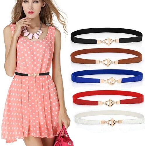 Simple Women PU Leather Solid Color Waistband Thin Elastic Belt Slim Fit All-match Metal Buckle Thin Waistband Dress Accessories