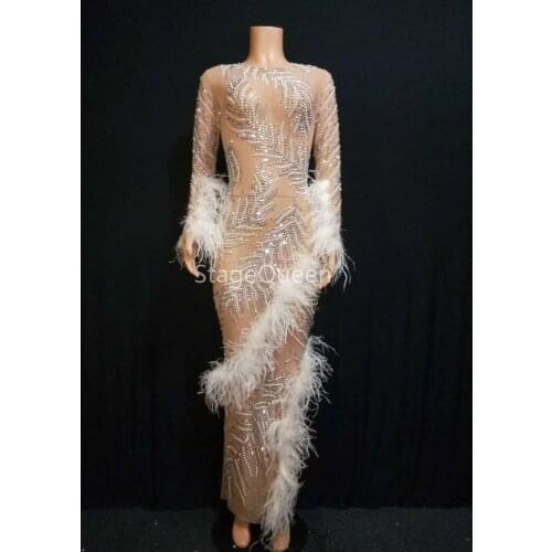 See Through AB Stones Dress White Feather Prom Outfit Bar Womens Birthday Celebrate Dress Dancer Long DS DJ Dresses