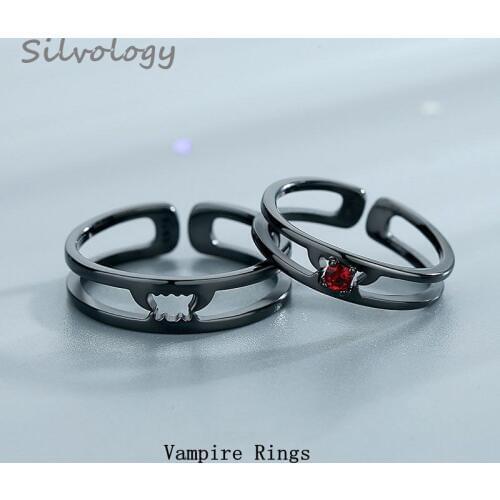 Silvology 925 Sterling Silver Vampire Couple Rings Black Creative Red Zircon Romantic Rings 2019 Lovers Rings Original Jewelry
