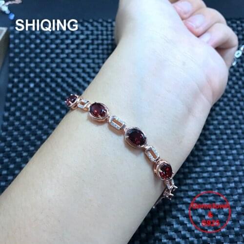 SHIQING 925 sterling silver luxury 6*8mm nature red gemstone garnet bracelet for women