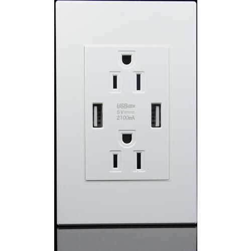 118mm white American USA Standard Double 3-pole socket with 2USB ports 2.1A PC flame retardant household safety power plug 15A