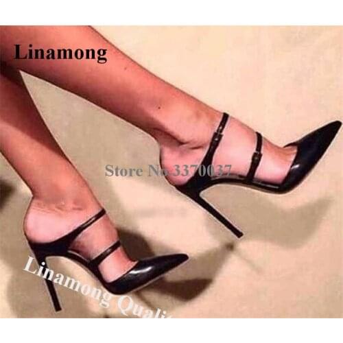 Linamong Classical Style Pointed Toe Patent Leather Stiletto Heel Pumps Black White Red Two Straps High Heels Big Size Heels
