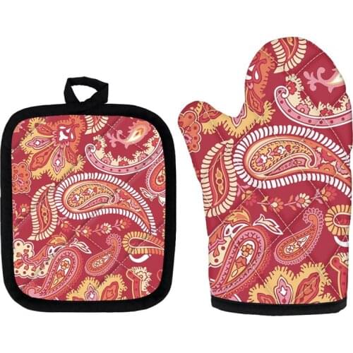 Vintage Paisley Print Baking Gloves and Oven Pad 2pcs Kitchen Accessories Bohemian Style Heat Resistant Sets Hot Sale 2021