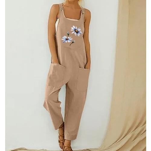 Floral Daisy Print Women Jumpsuit Casual Pocket Boho Romper Long Playsuit Strap Button 2021 Summer Jumpsuit Female Bodysuit
