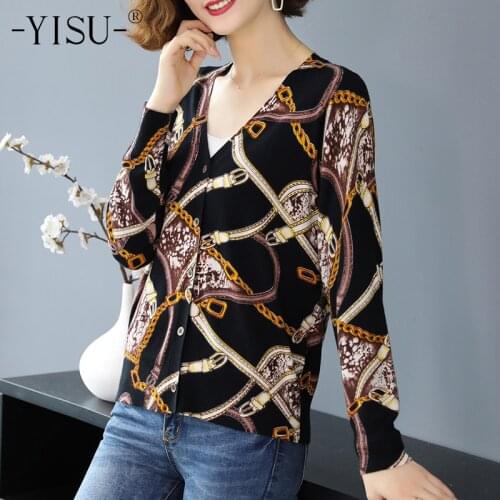YISU Cardigans Women Single Breasted Long Sleeves V-neck Knitted coat Fashion Chain pattern Printed cardigan Sweater Femme