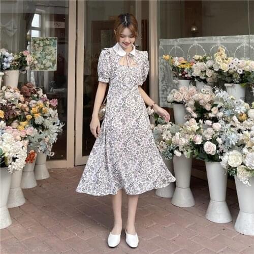 Summer Dresses Floral Women Elegant Fashion Loose Mid-calf Hollow Out French Retro Patchwork Short Sleeve Peter Pan Collar 2021