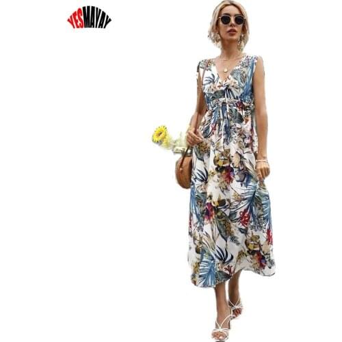 Beach Boho Dresses for Women Summer 2021 Hight Waist Elegant Sleeveless Floral Maxi Long Dress Robe Femme Ladies Party Dresses