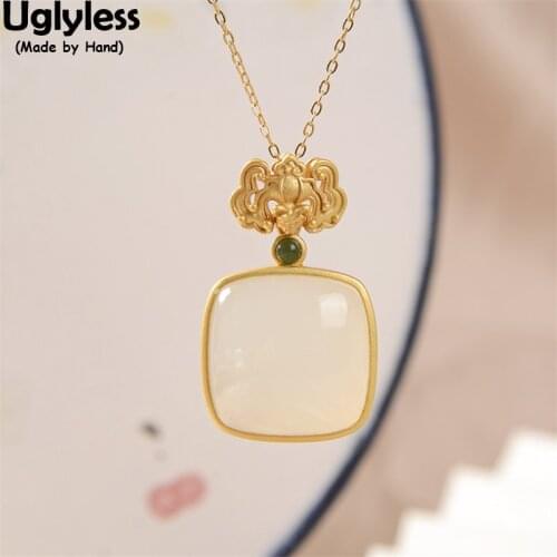 Uglyless 100% Real Hetian Jade Emerald Square Necklaces Women China Chic Totem Bats Pendants + Chains 925 Silver Ethnic Jewelry