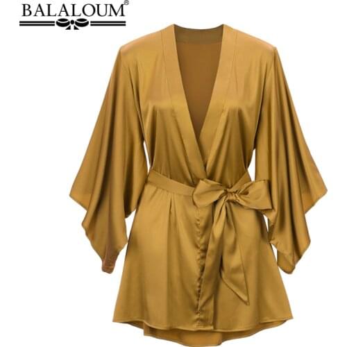 BALALOUM New Arrivals Women Yellow Robe Silk Sexy Kimono Nightgown Nightdress Wedding Bridal Party Bath Robes Gift High Quality
