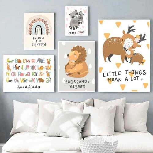 Animal Alphabet Rainbow Hug Lion Deer Raccoon Nordic Posters And Prints Wall Art Canvas Painting Wall Pictures Kids Room Decor