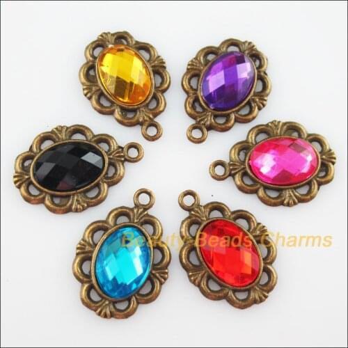 12 New Charms Acrylic Plastic Antiqued Bronze Oval Flower Pendants Mixed 18.5x26.5mm