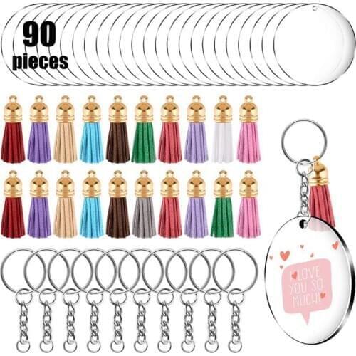 90Pcs Acrylic Clear Circle Discs Keychain Set Round Acrylic Keychain Blank Leather Tassel Pendant Jump Rings for DIY