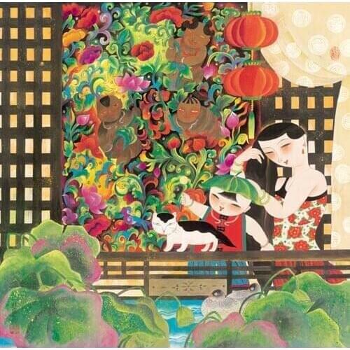 Free shipping classical China doll cat lotus landscape oil painting canvas painting prints on canvas wall art decoration picture