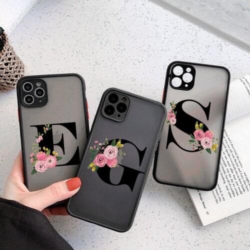 Flowers Initial Letters A-Z Black Phone Case For iPhone 11 12 Pro Max Mini Lens Protection X XR XS SE2020 7 8 Plus Hard PC Cover