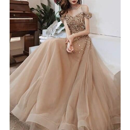 Sexy Champagne Gold Evening Dresses A-Line Off Shoulder Luxury Sequins Beading Long Wedding Formal Guests Party Prom Gowns 2021