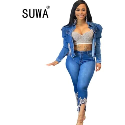 Elegant Pearl Beading Short Denim Jackets Women Long Sleeve Vintage Washed Jean Jacket Denim Coat Women Jeans Coat Wholesale