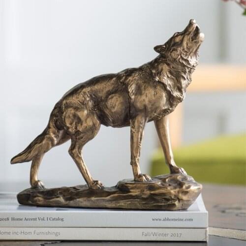EUROPEAN MODERN LUXURIOUS RETRO GOLDEN WOLF STATUES GOLD ANIMAL ART SCULPTURE RESIN CRAFT HOME DECORATION ACCESSORIES R4019