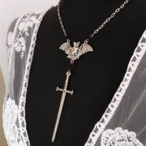 Gothic Bat Sword Necklace Witch jewelry Sword black Crystal pendant long novelty fashion women men gift classical new 2020