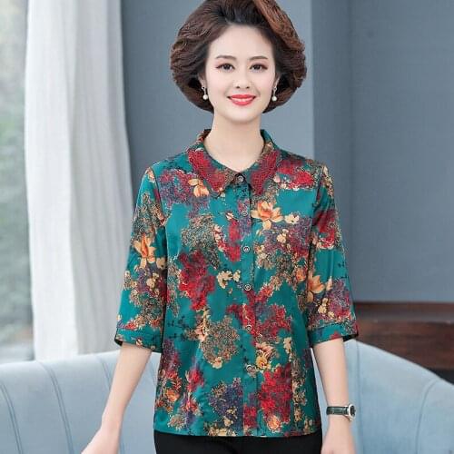 And Mothers spring summer dress middle sleeve embroidered collar shirt Chiffon Top dress thin style foreign style middle aged