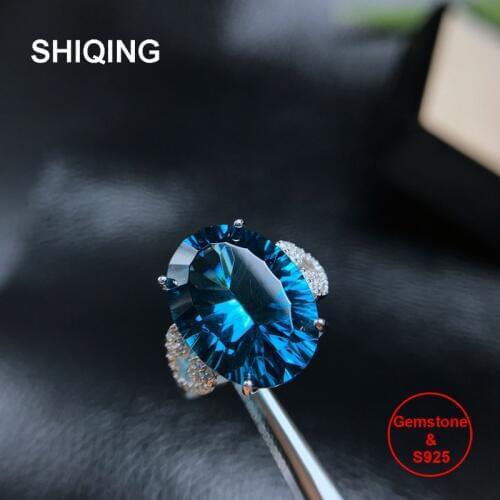 SHIQING High quality nature topaz s925 silver heart big blue gemstone ring for women