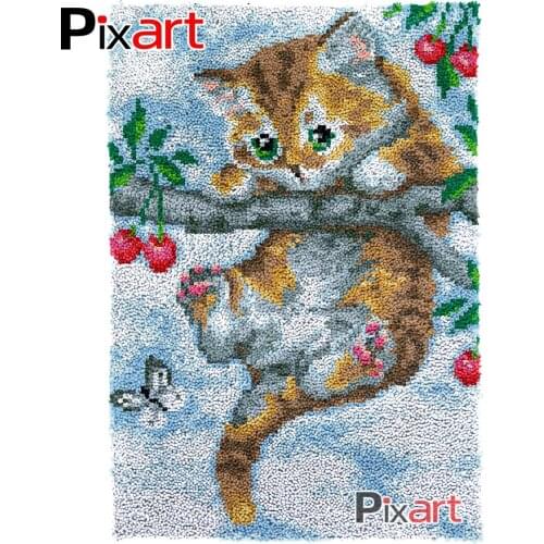 Latch Hook Rug Kitten on a Tree Crocheting Tapestry Kits DIY Carpet Rug Chunky Yarn Needlework Knitted Floor Mat Hobby & Crafts