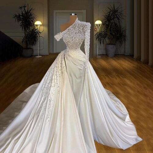 Major Pearls Overskirts Wedding Dresses Plus Size One Sholder Muslim Mermaid Bridal Dress Long Train Pleats vestidos de novia