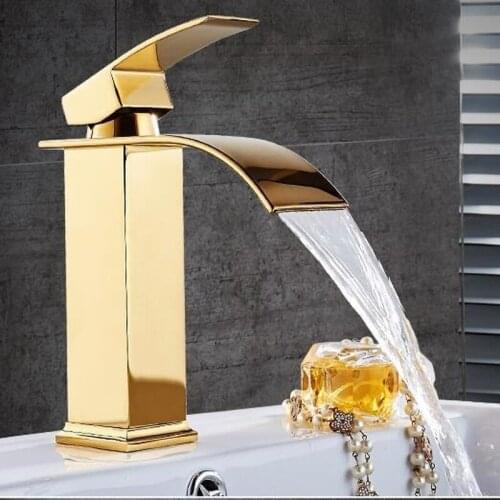 Square Basin Faucets Waterfall Bathroom Faucet Single handle Basin Mixer Tap Bath Antique Faucet Brass Sink Water Crane Gold
