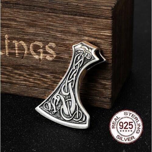 S925 sterling silver Norse Dragon Viking axe pendant necklace with cow leather necklace and keel and wood box as gift