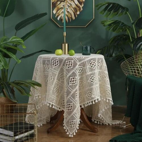 Pastoral Handmade Crocheted Tassel Tablecloth Geometric Rhombus Line Pure Cotton Hollow Decorative Fabric Tapete Table Cloth